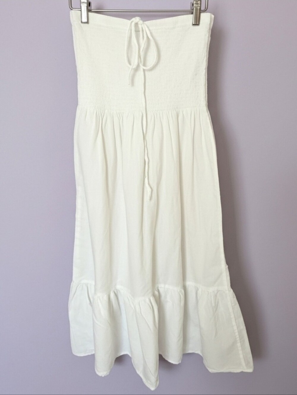 White Smocked Strapless Midi Dress Tiered Ruffle Hem Boho Summer Sundress Small